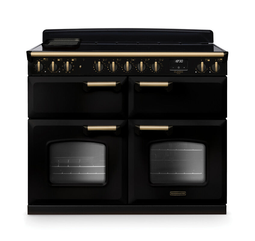 Rangemaster Classic Deluxe 110 Induction Range Cooker Gloss Black with Antique Brass Trim | CLDLB110EIPGBL/AB1