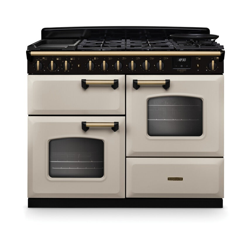 Rangemaster Classic Deluxe 110cm Dual Fuel Range Cooker (Standard) - Pale Cream with Antique Brass Trim | CLDLO110DFPPCR/AB1