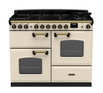 Rangemaster Classic Deluxe 110cm Dual Fuel Range Cooker (Standard) - Pale Cream with Antique Brass Trim | CLDLO110DFPPCR/AB1