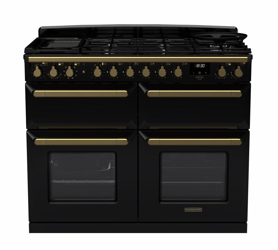 Rangemaster Estel Deluxe 110 Dual Fuel Range Cooker Gloss Black with Antique Brass Trim | ESDLB110DFPGBL/AB1