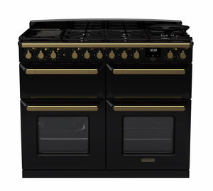 Rangemaster Estel Deluxe 110 Dual Fuel Range Cooker Gloss Black with Antique Brass Trim | ESDLB110DFPGBL/AB1