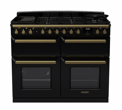 Rangemaster Estel Deluxe 110 Dual Fuel Range Cooker Gloss Black with Antique Brass Trim | ESDLB110DFPGBL/AB1