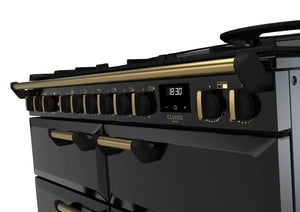 Rangemaster Classic Deluxe 110cm Dual Fuel Range Cooker (Slow Oven) - Gloss Black with Antique Brass Trim | CLDLB110DFPGBL/AB1